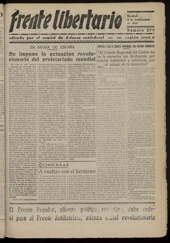 Miniatura de Frente Libertario: Órgano de las Milicias Confederales del 3 de septiembre de 1937
