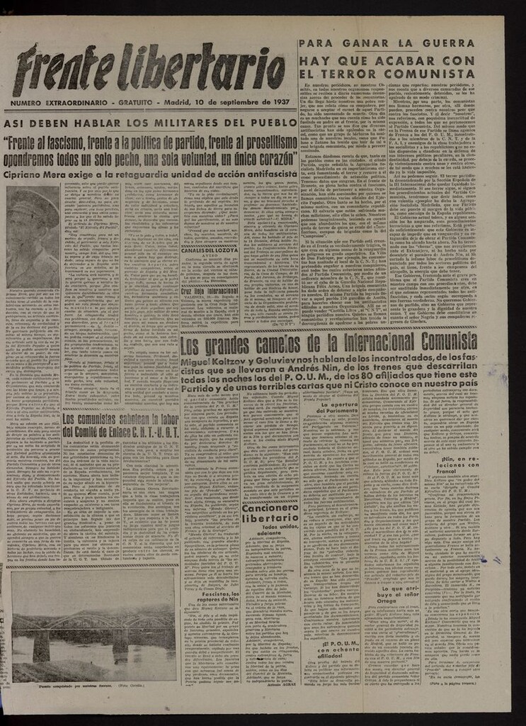 Miniatura de Frente Libertario: Órgano de las Milicias Confederales del 10 de septiembre de 1937, nº extraordinario