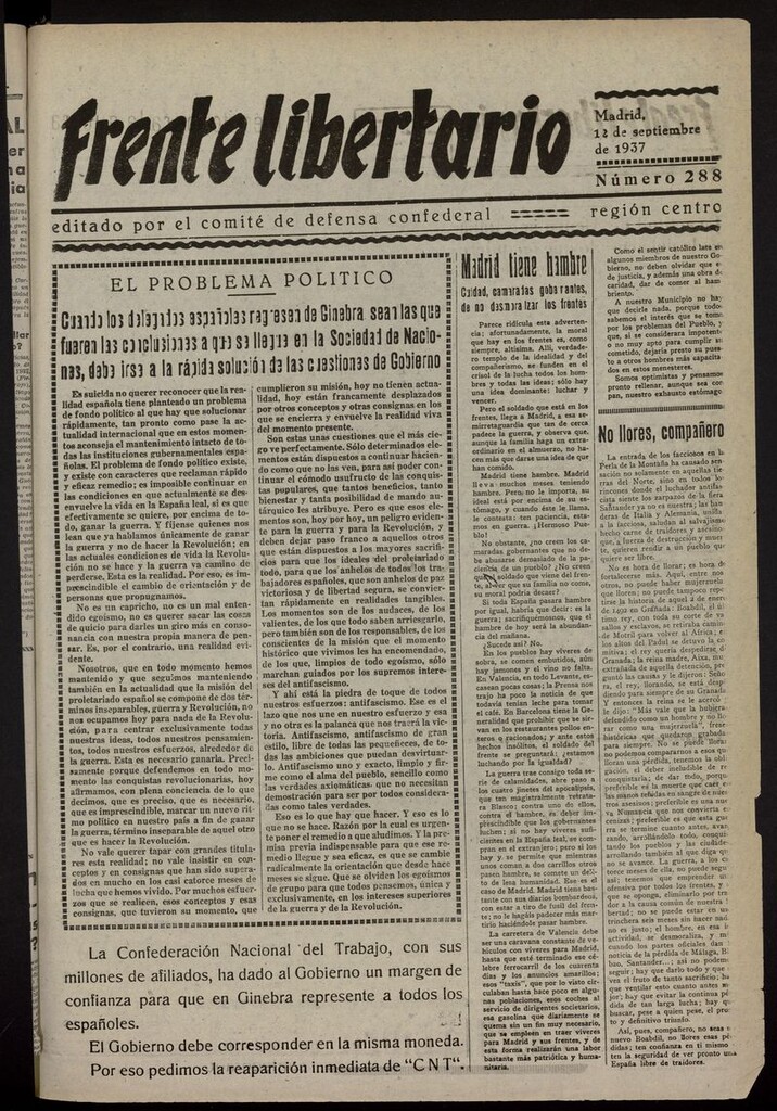 Miniatura de Frente Libertario: Órgano de las Milicias Confederales del 12 de septiembre de 1937