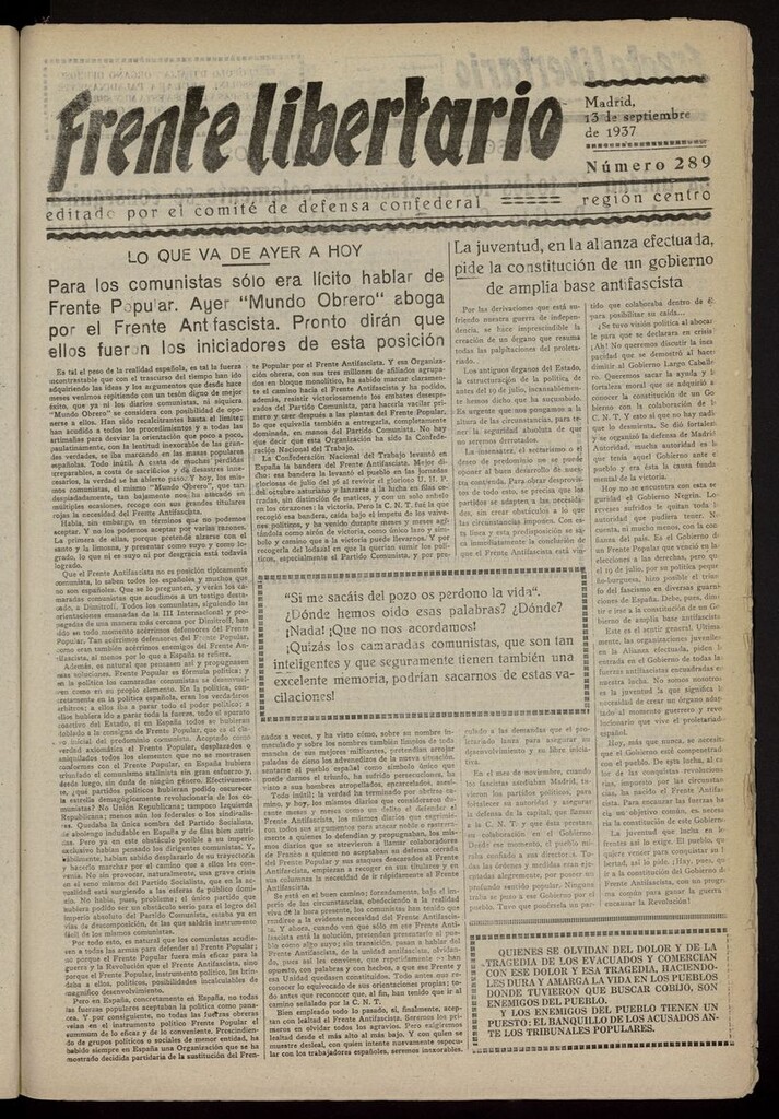 Miniatura de Frente Libertario: Órgano de las Milicias Confederales del 13 de septiembre de 1937