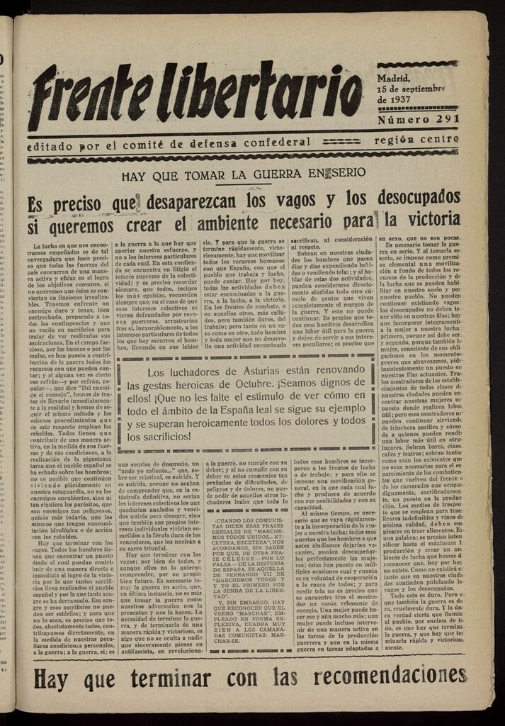 Miniatura de Frente Libertario: Órgano de las Milicias Confederales del 15 de septiembre de 1937