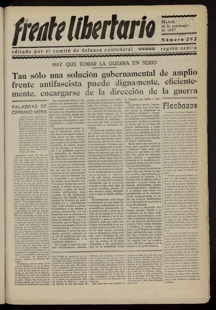 Miniatura de Frente Libertario: Órgano de las Milicias Confederales del 16 de septiembre de 1937