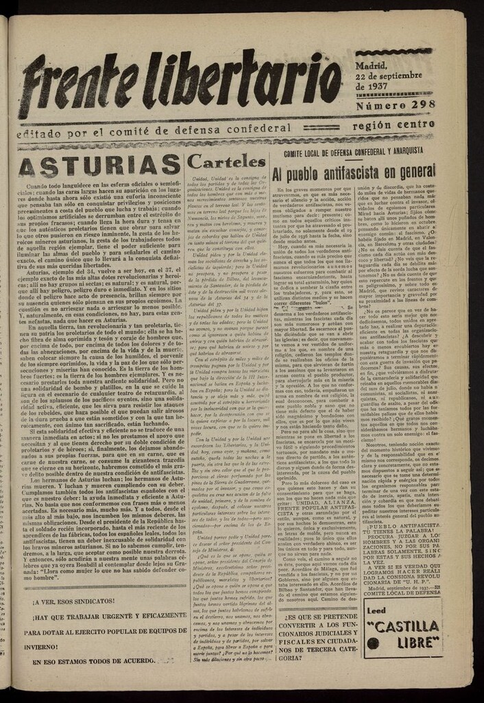 Miniatura de Frente Libertario: Órgano de las Milicias Confederales del 22 de septiembre de 1937