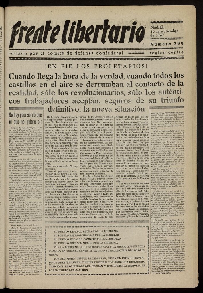 Miniatura de Frente Libertario: Órgano de las Milicias Confederales del 23 de septiembre de 1937