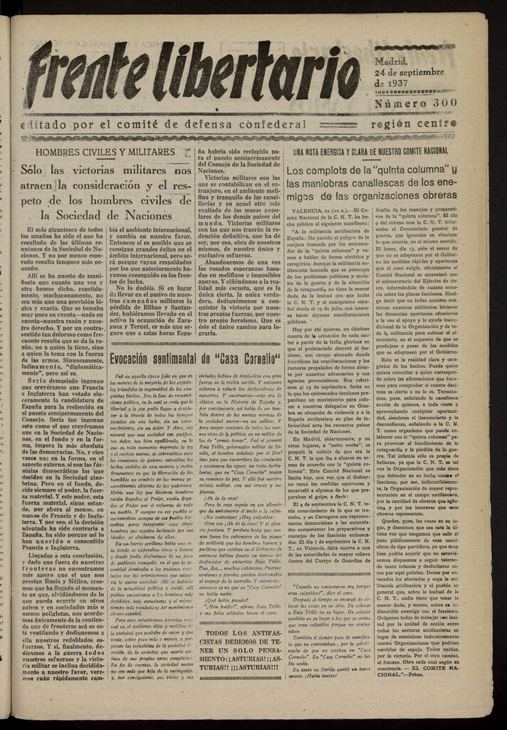 Miniatura de Frente Libertario: Órgano de las Milicias Confederales del 24 de septiembre de 1937
