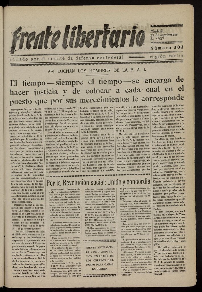 Miniatura de Frente Libertario: Órgano de las Milicias Confederales del 27 de septiembre de 1937
