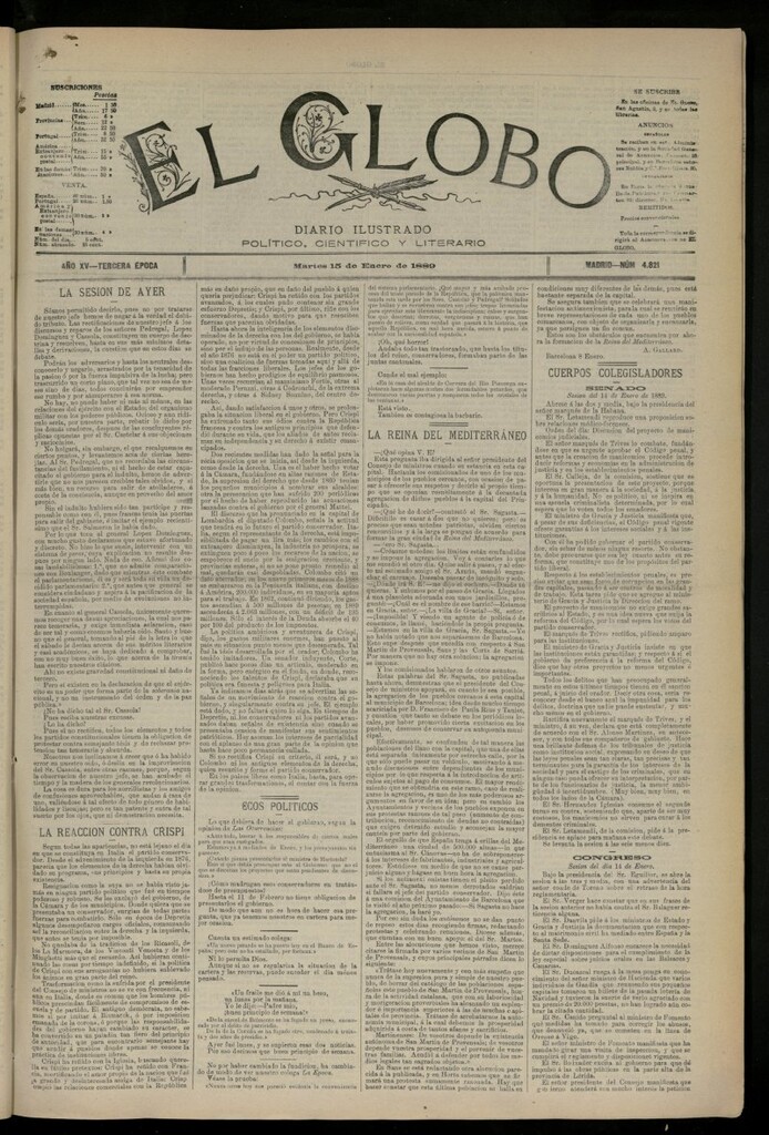 Miniatura de El Globo : diario ilustrado del 15 de enero de 1889, nº 4821