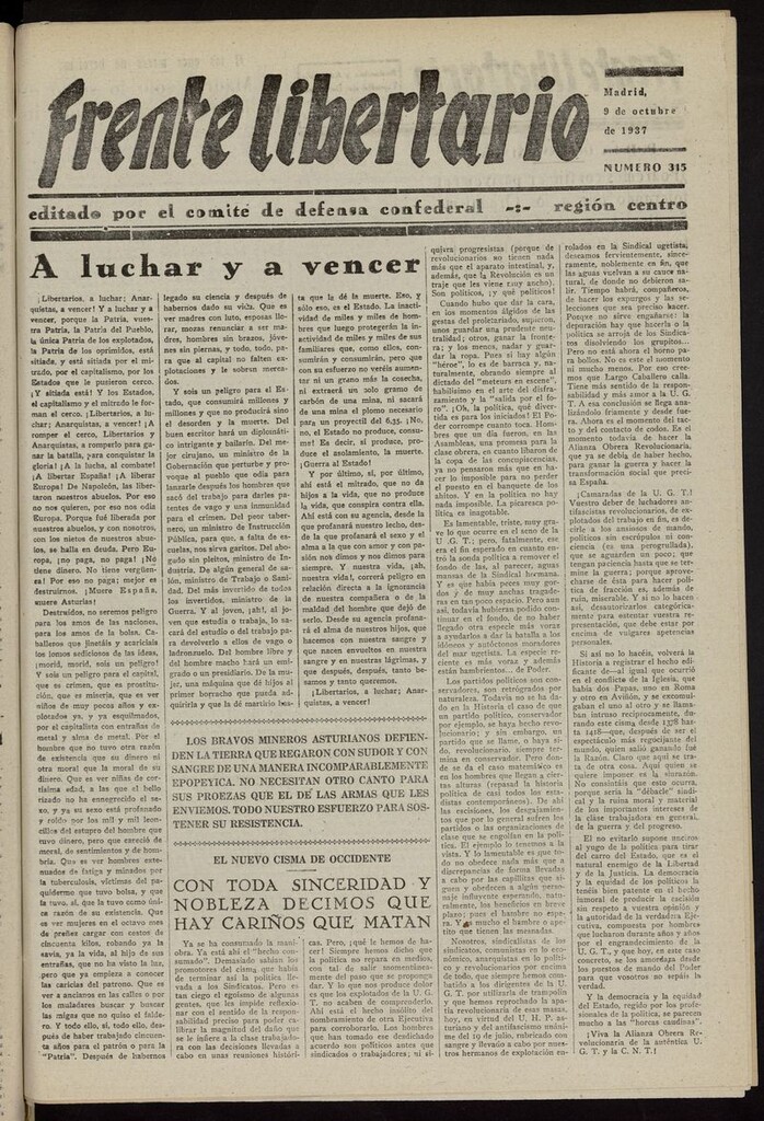 Miniatura de Frente Libertario: Órgano de las Milicias Confederales del 9 de octubre de 1937