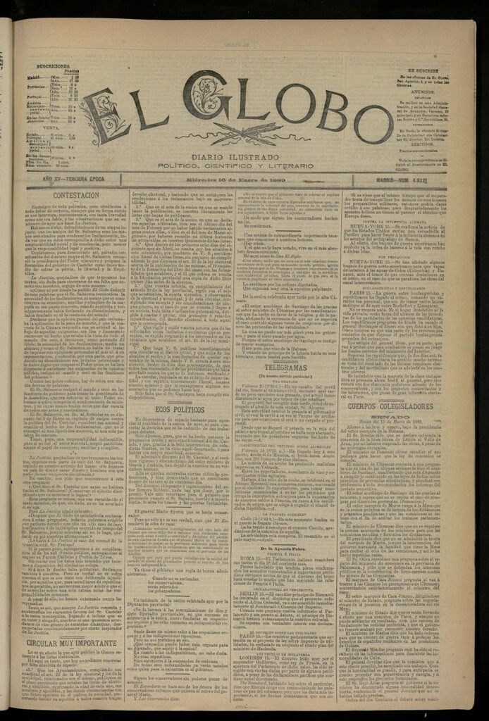 Miniatura de El Globo : diario ilustrado del 16 de enero de 1889, nº 4822