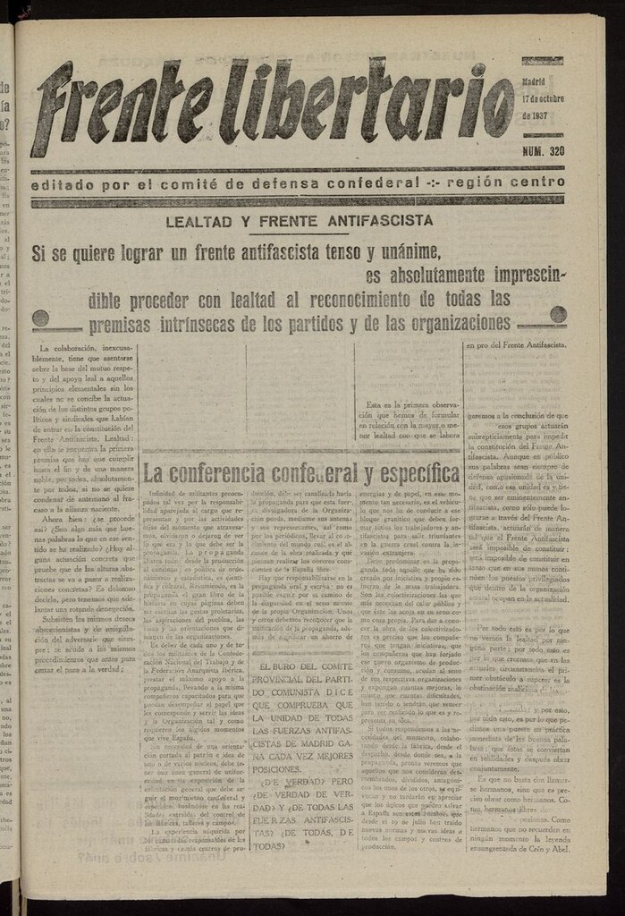 Miniatura de Frente Libertario: Órgano de las Milicias Confederales del 17 de octubre de 1937