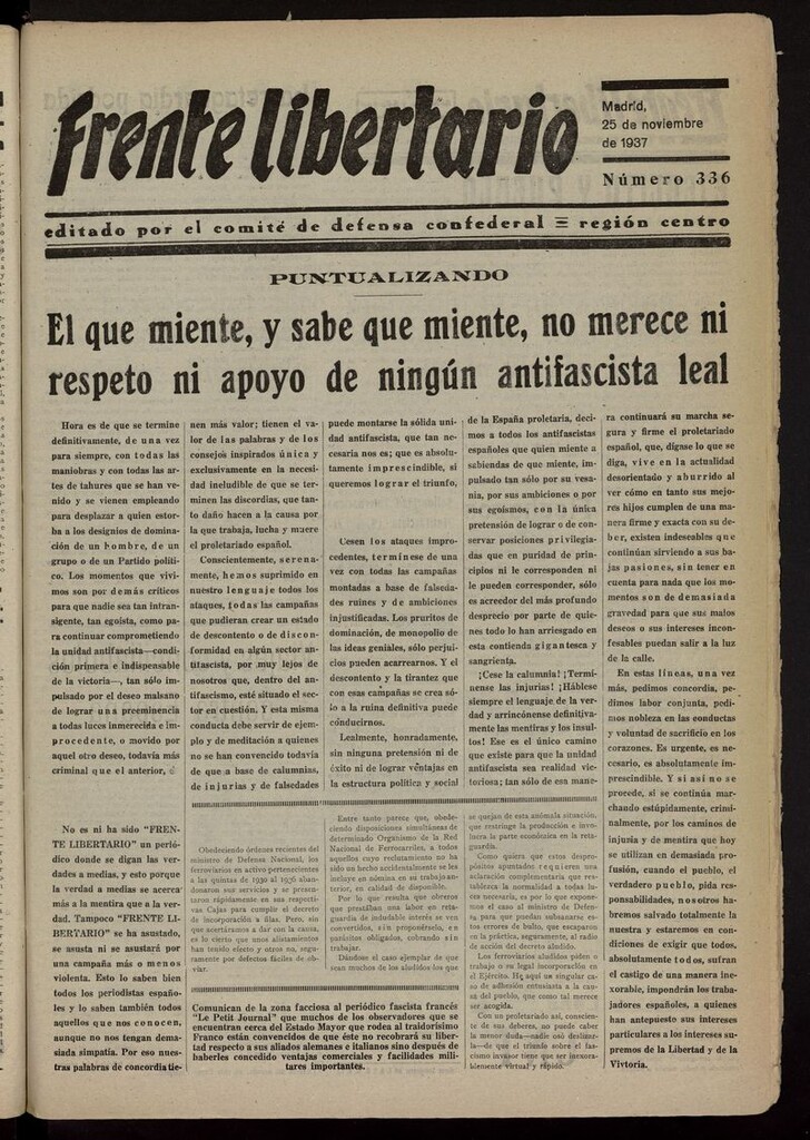 Miniatura de Frente Libertario: Órgano de las Milicias Confederales del 25 de noviembre de 1937