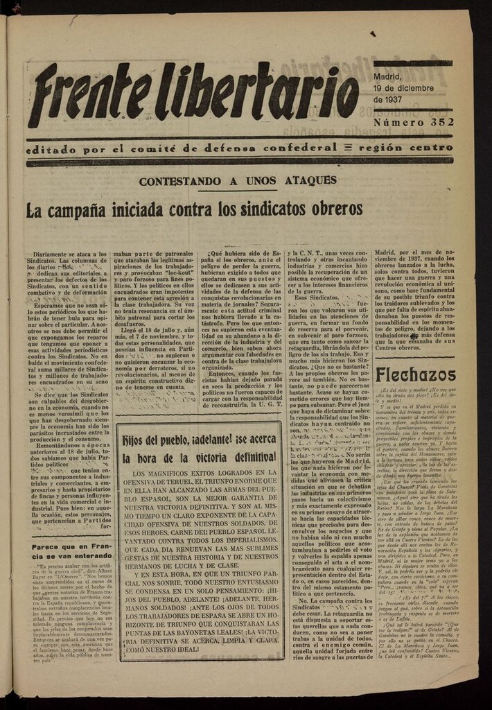 Miniatura de Frente Libertario: Órgano de las Milicias Confederales del 19 de diciembre de 1937
