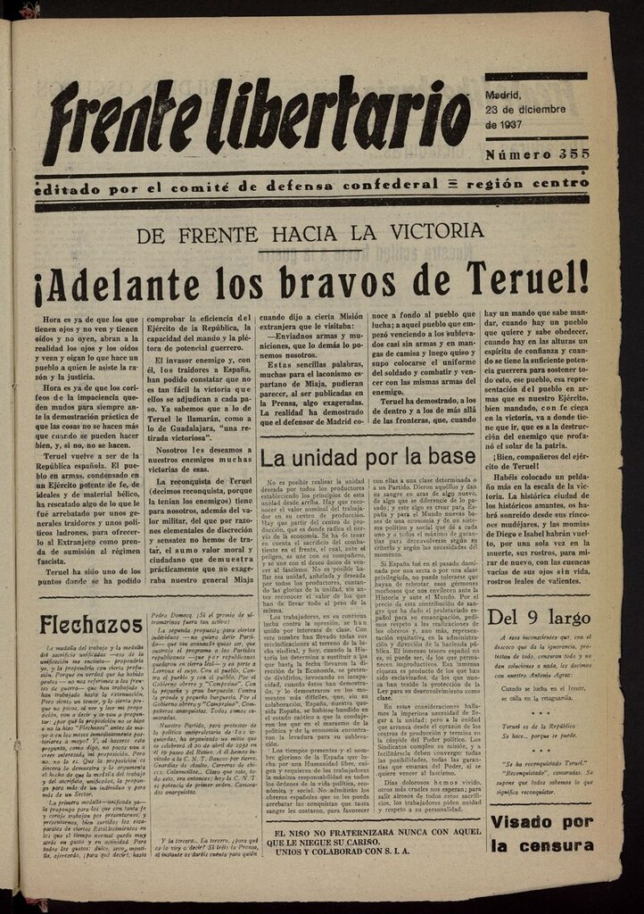 Miniatura de Frente Libertario: Órgano de las Milicias Confederales #del 23 de diciembre de 1937