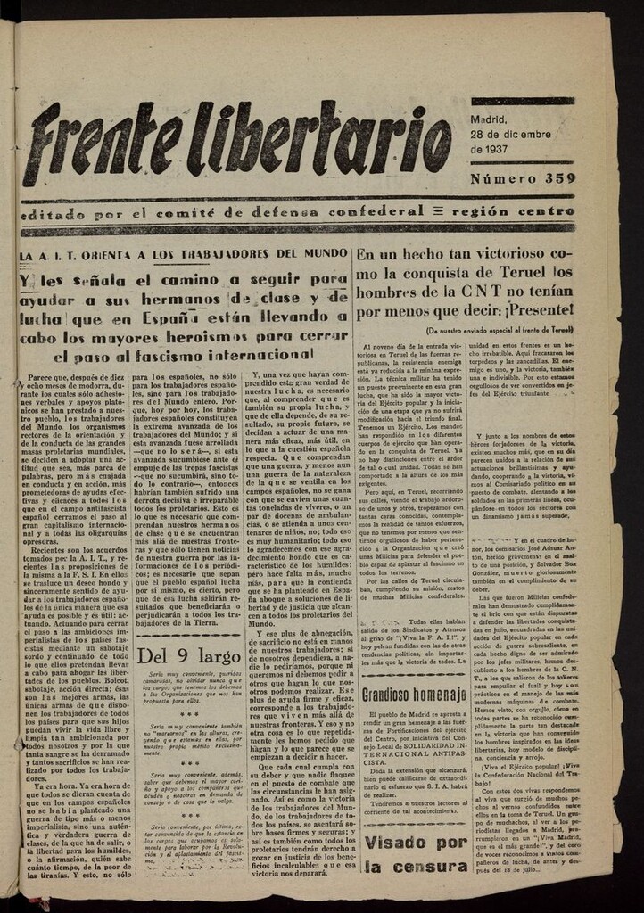 Miniatura de Frente Libertario: Órgano de las Milicias Confederales del 28 de diciembre de 1937