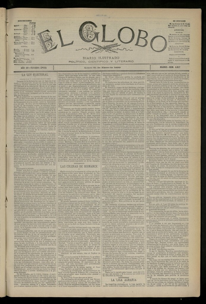 Miniatura de El Globo : diario ilustrado del 21 de enero de 1889, nº 4827