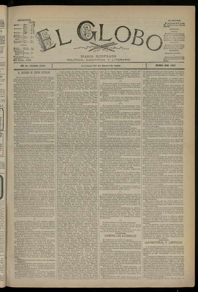 Miniatura de El Globo : diario ilustrado del 27 de enero de 1889, nº 4833