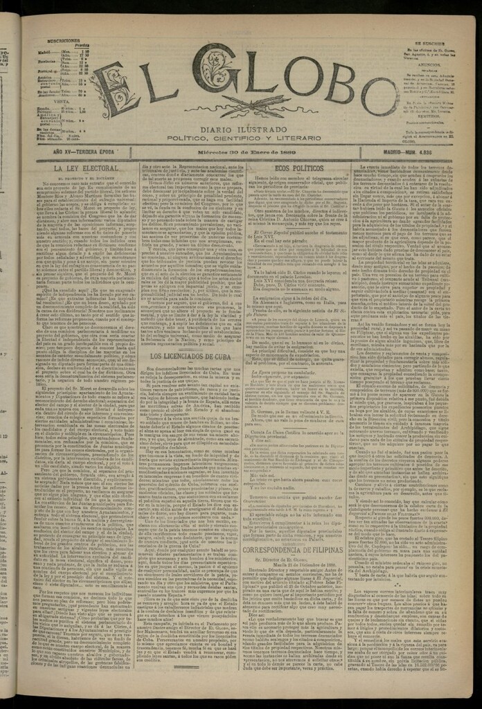 Miniatura de El Globo : diario ilustrado del 30 de enero de 1889, nº 4836