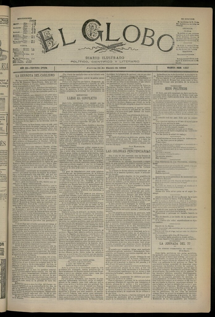Miniatura de El Globo : diario ilustrado del 31 de enero de 1889, nº 4837
