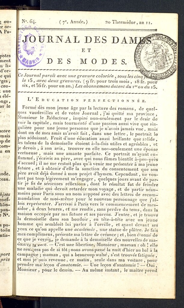 Miniatura de Journal des dames et des modes del 7 de agosto de 1803, nº 64