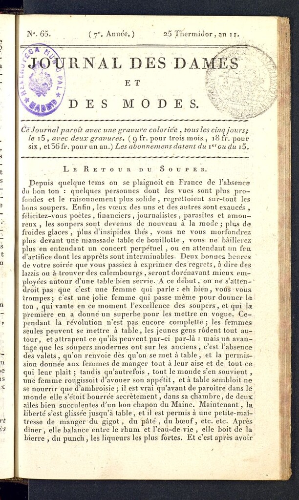 Miniatura de Journal des dames et des modes del 12 de agosto de 1803, nº 65