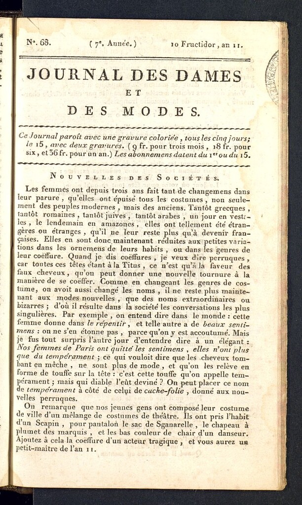 Miniatura de Journal des dames et des modes del 27 de agosto de 1803, nº 68