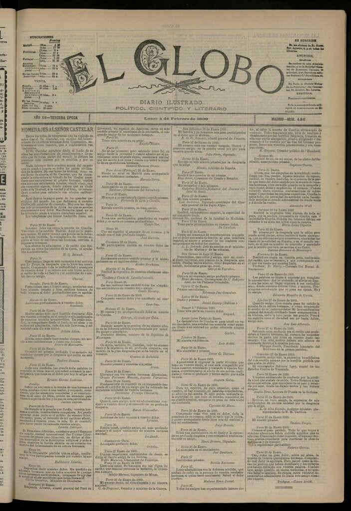 Miniatura de El Globo : diario ilustrado del 4 de febrero de 1889, nº 4841