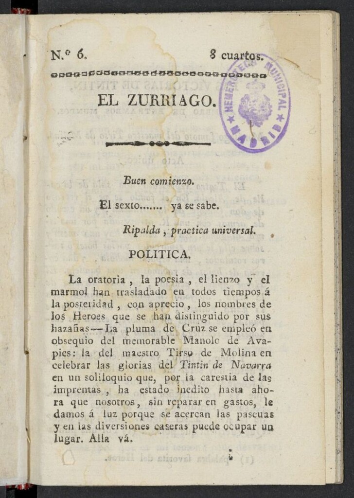 Miniatura de El Zurriago. Madrid de 1821-1822, nº 6