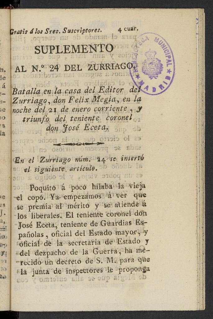 Miniatura de El Zurriago. Madrid de 1821-1822, suplemento al nº 24