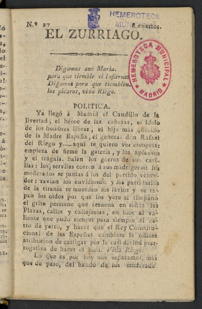 Miniatura de El Zurriago. Madrid de 1822, nº 27