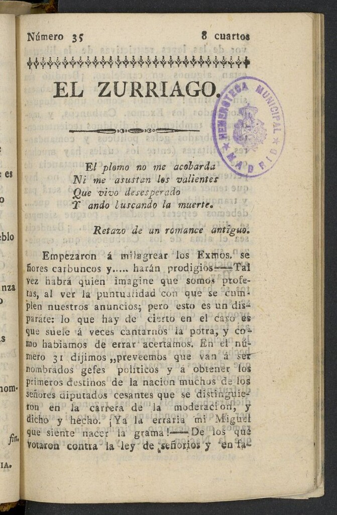 Miniatura de El Zurriago. Madrid de 1822, nº 35