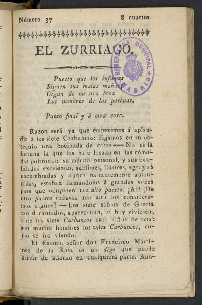 Miniatura de El Zurriago. Madrid de 1822, nº 37