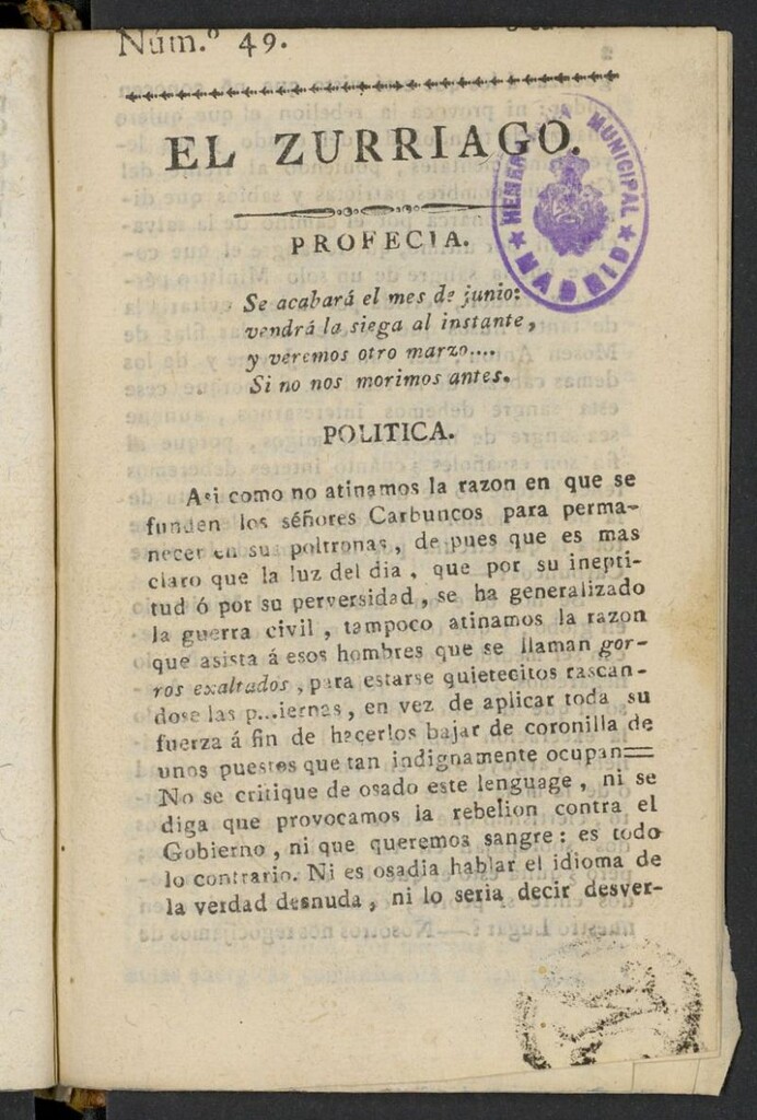 Miniatura de El Zurriago. Madrid de 1822, nº 49