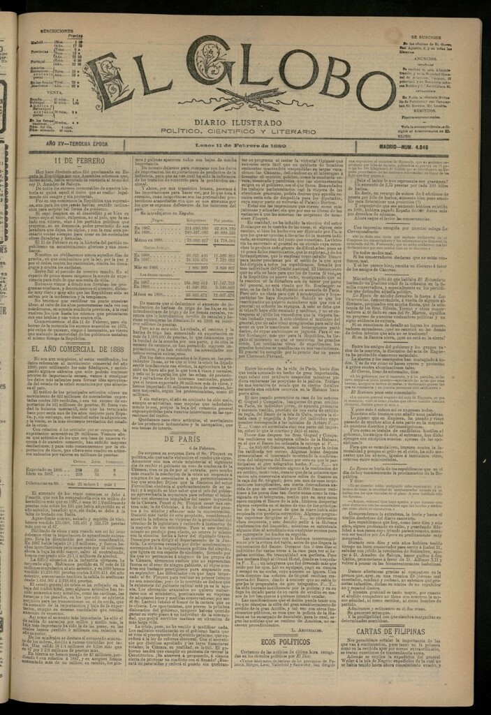 Miniatura de El Globo : diario ilustrado del 11 de febrero de 1889, nº 4848