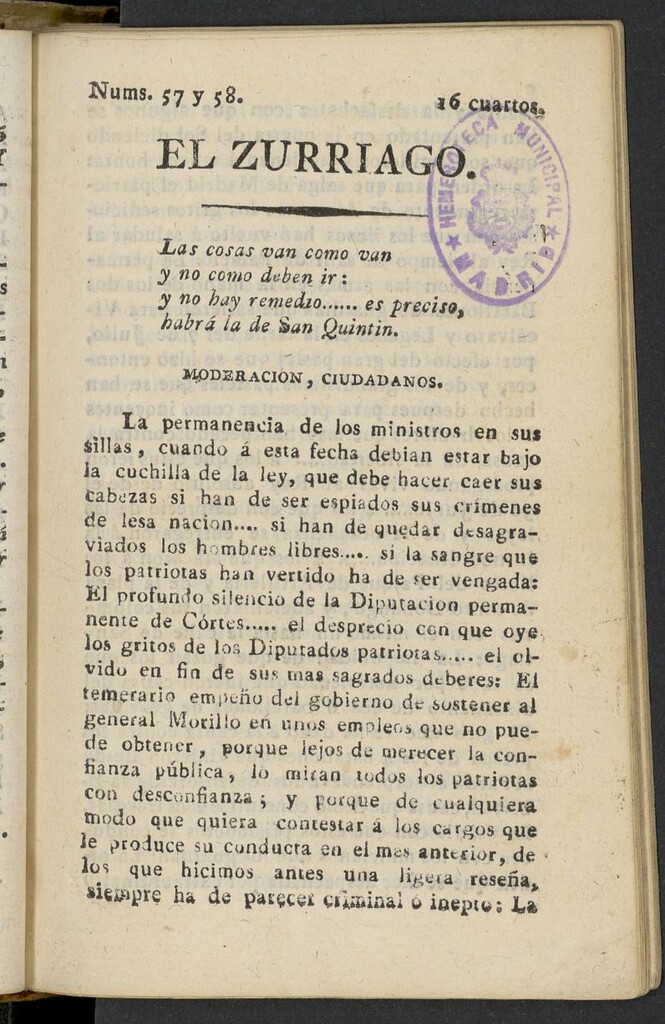 Miniatura de El Zurriago. Madrid de 1822, nº 57 y 58