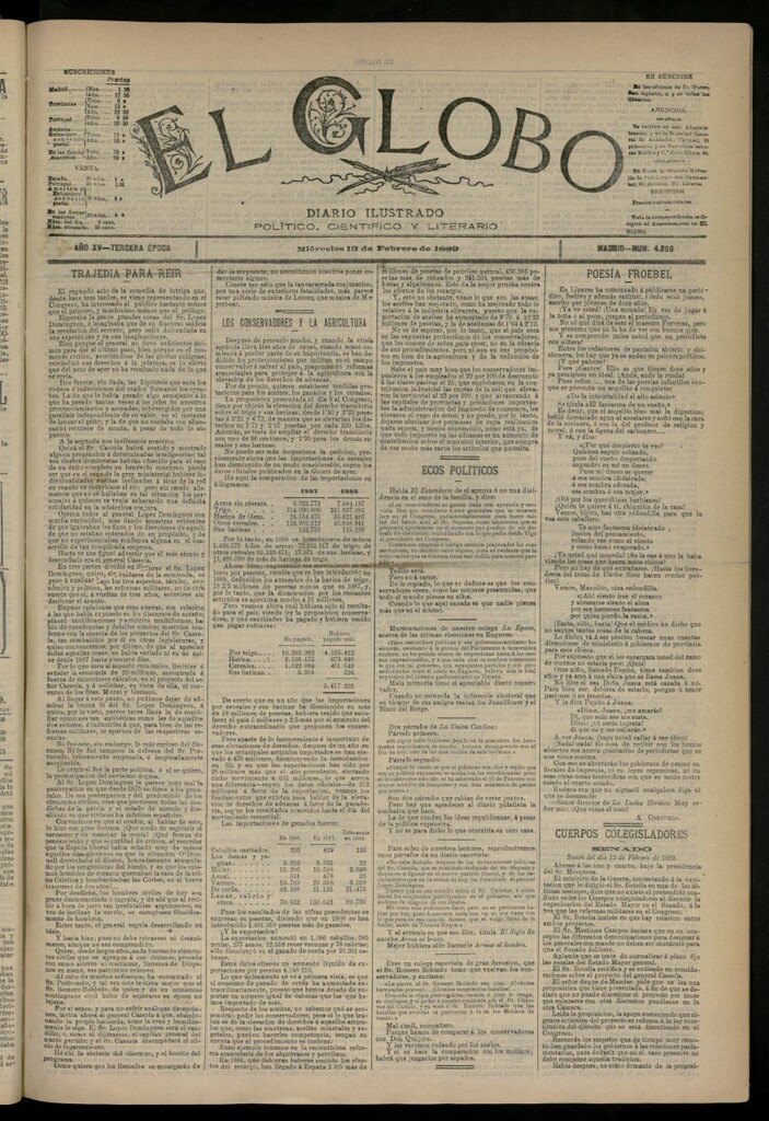 Miniatura de El Globo : diario ilustrado del 13 de febrero de 1889, nº 4850