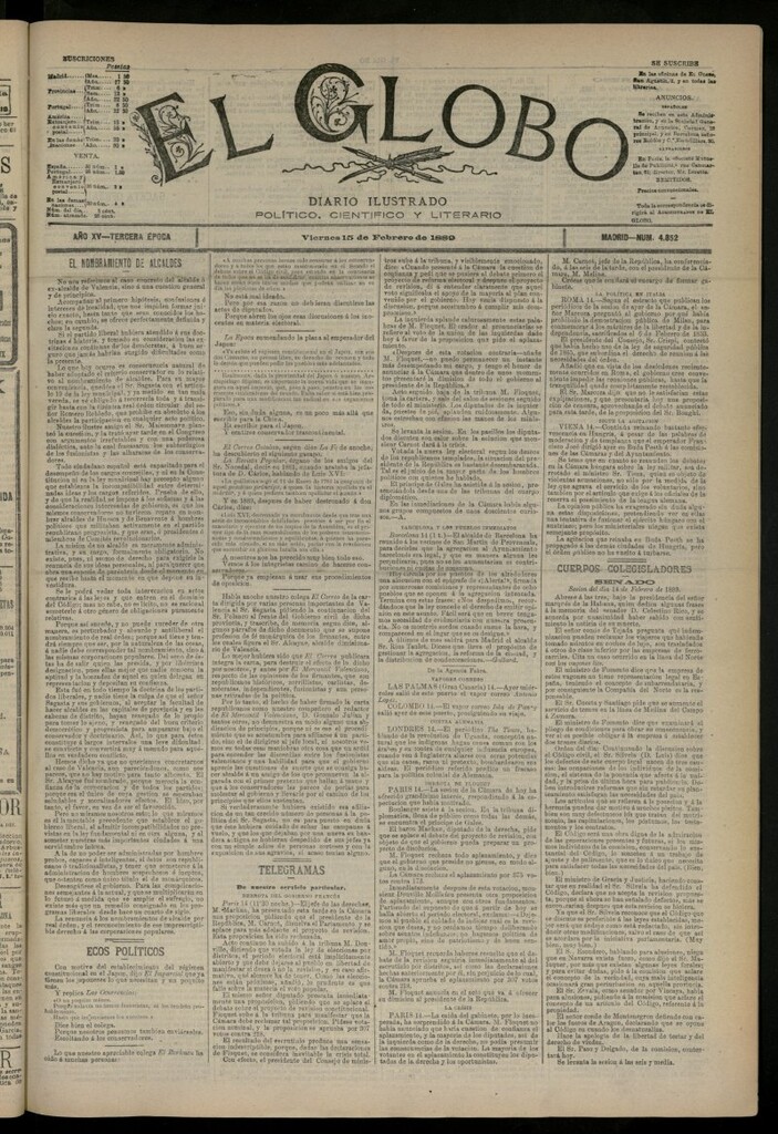 Miniatura de El Globo : diario ilustrado del 15 de febrero de 1889, nº 4852