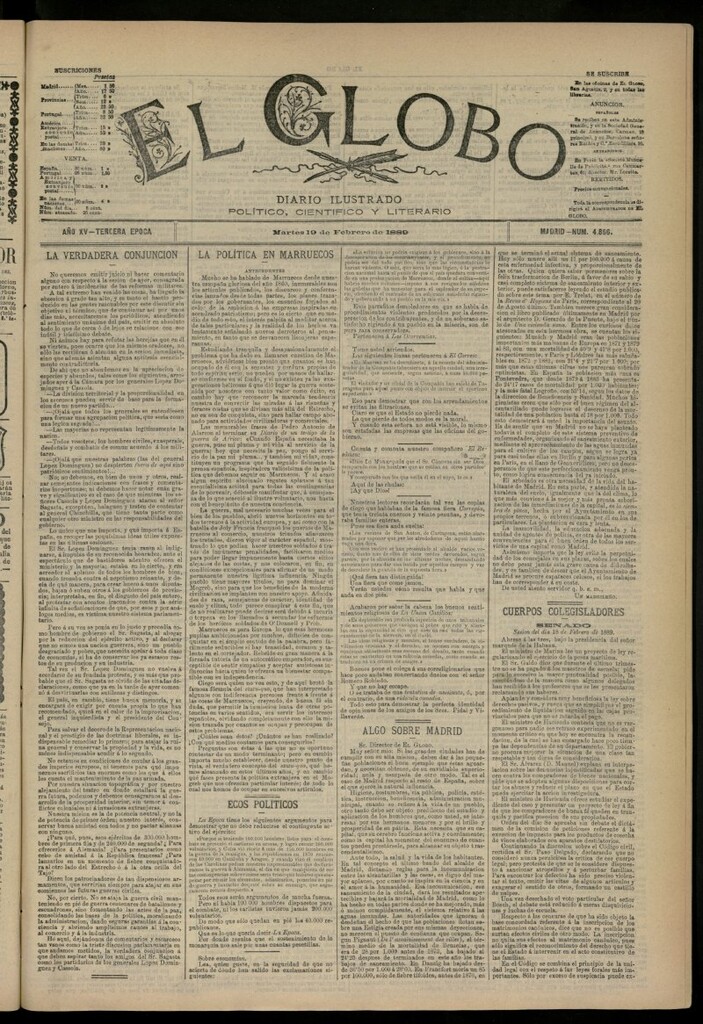 Miniatura de El Globo : diario ilustrado del 19 de febrero de 1889, nº 4856