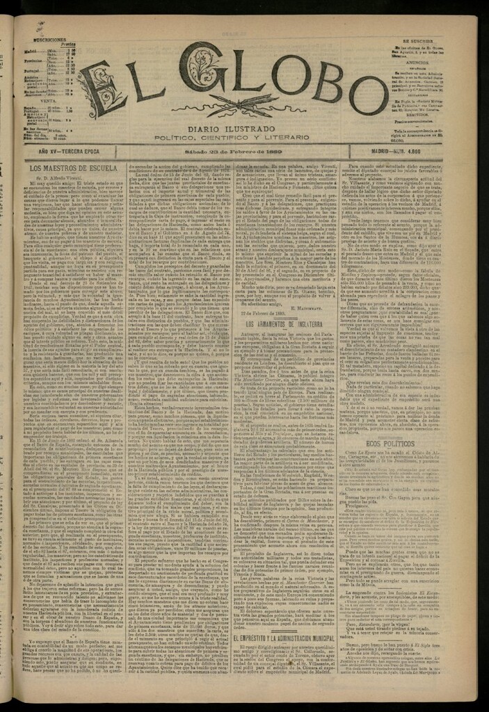 Miniatura de El Globo : diario ilustrado del 23 de febrero de 1889, nº 4860