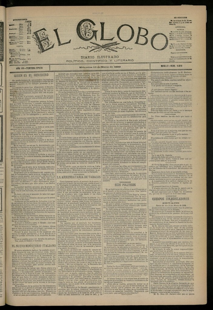 Miniatura de El Globo : diario ilustrado del 13 de marzo de 1889, nº 4878
