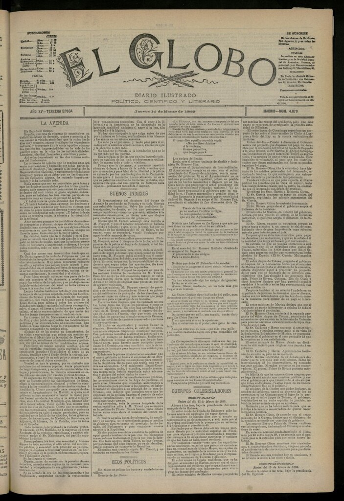 Miniatura de El Globo : diario ilustrado del 14 de marzo de 1889, nº 4879