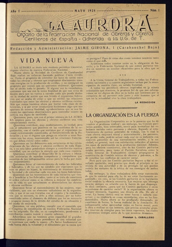 Miniatura de La Aurora : órgano de la Federación Nacional de Obreros y Obreras Cerilleras de España