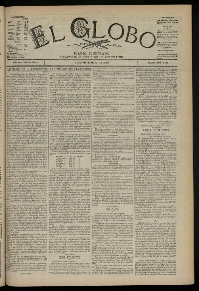 Miniatura de El Globo : diario ilustrado del 25 de marzo de 1889, nº 4890