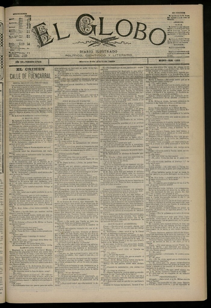 Miniatura de El Globo : diario ilustrado del 2 de abril de 1889, nº 4898