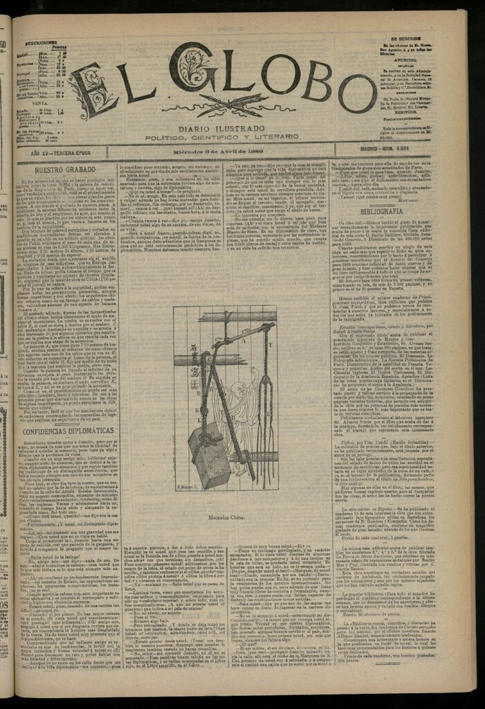 Miniatura de El Globo : diario ilustrado del 3 de abril de 1889, nº 4899
