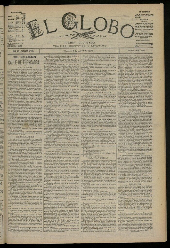 Miniatura de El Globo : diario ilustrado del 5 de abril de 1889, nº 4901