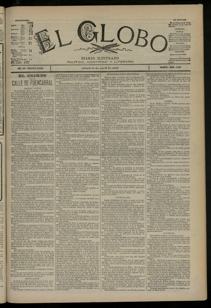 Miniatura de El Globo : diario ilustrado del 6 de abril de 1889, nº 4902