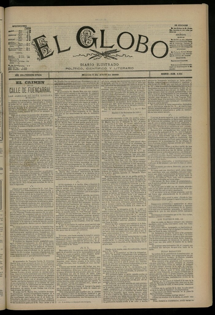 Miniatura de El Globo : diario ilustrado del 9 de abril de 1889, nº 4905