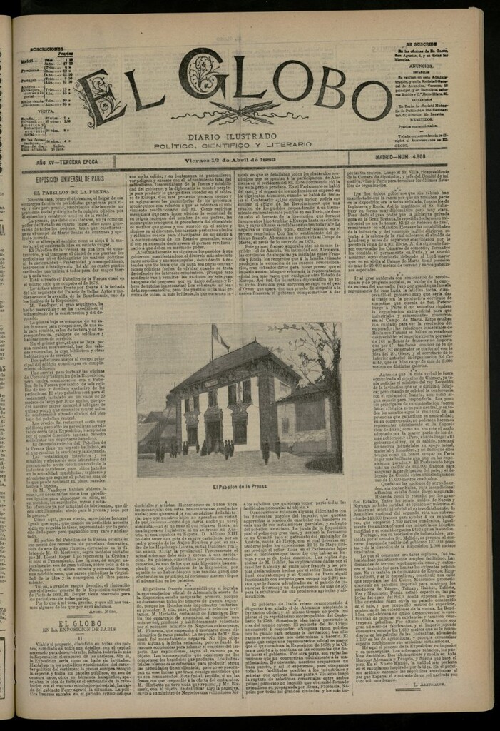 Miniatura de El Globo : diario ilustrado del 12 de abril de 1889, nº 4908