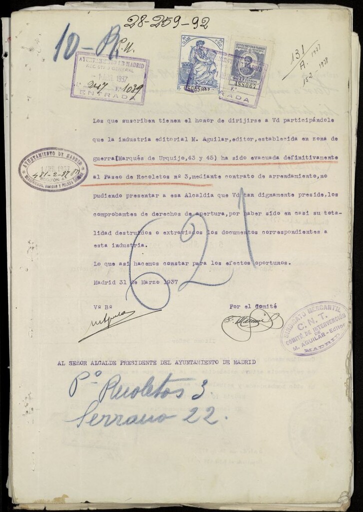 Miniatura de Editorial Aguilar establecida en zona de guerra (Marques de Urquijo, 43 y 45) Ha sido evacuada definitivamente al Paseo de Recoletos 3, mediante contrato de arrendamiento