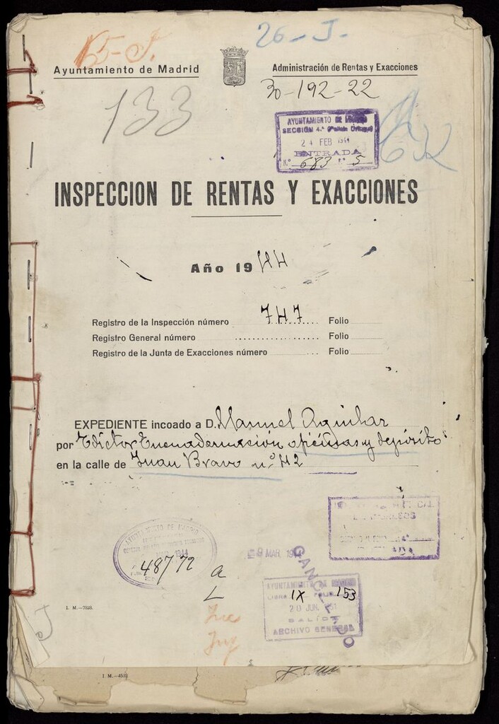 Miniatura de Inspección de Rentas y Exacciones .1944. Expediente incoado a D. Manuel Aguilar por editor, encuadernación, oficinas y depósito en la C/ Juan Bravo, 42